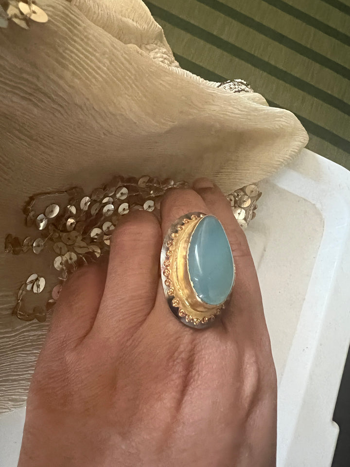 Statement Chalcedony Adjustable Ring | Brass, Onyx Stone, CZ Border | Gold Plated | SHIVKA