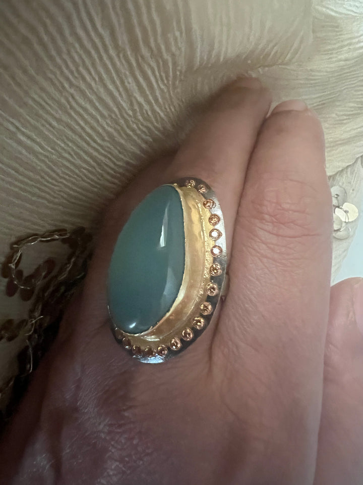 Statement Chalcedony Adjustable Ring | Brass, Onyx Stone, CZ Border | Gold Plated | SHIVKA