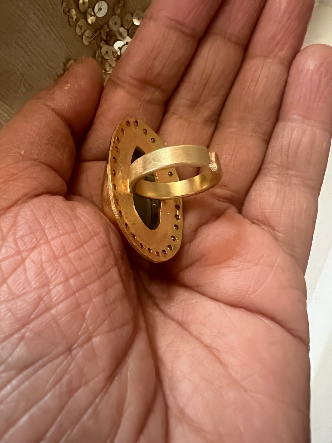 Statement Chalcedony Adjustable Ring | Brass, Onyx Stone, CZ Border | Gold Plated | SHIVKA