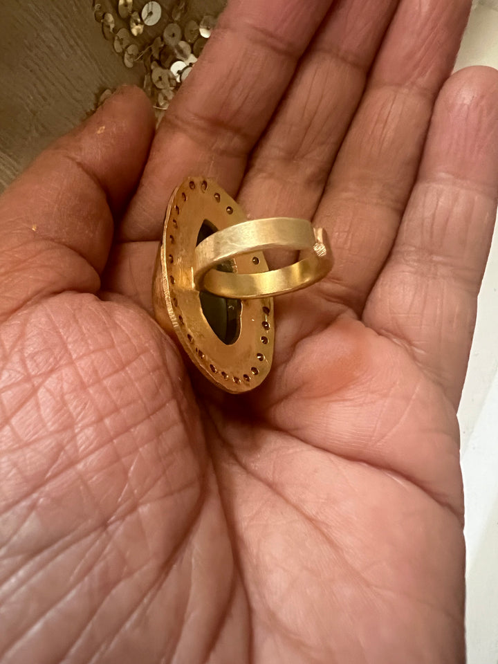 Statement Chalcedony Adjustable Ring | Brass, Onyx Stone, CZ Border | Gold Plated | SHIVKA