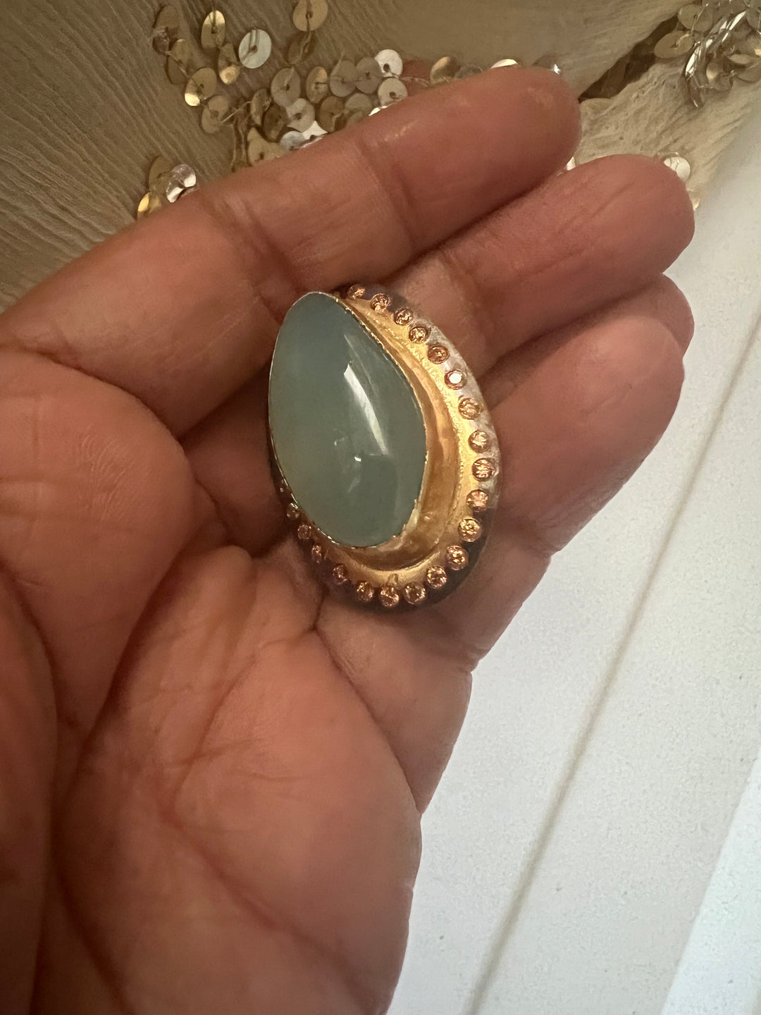 Statement Chalcedony Adjustable Ring | Brass, Onyx Stone, CZ Border | Gold Plated | SHIVKA