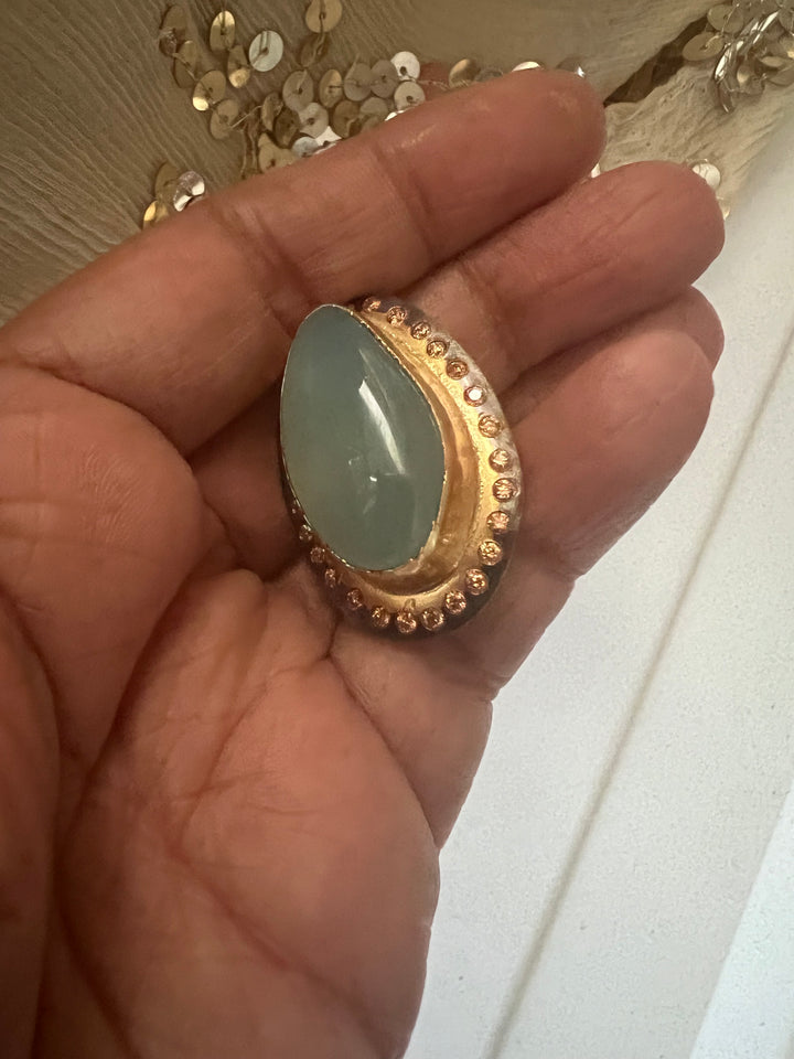 Statement Chalcedony Adjustable Ring | Brass, Onyx Stone, CZ Border | Gold Plated | SHIVKA