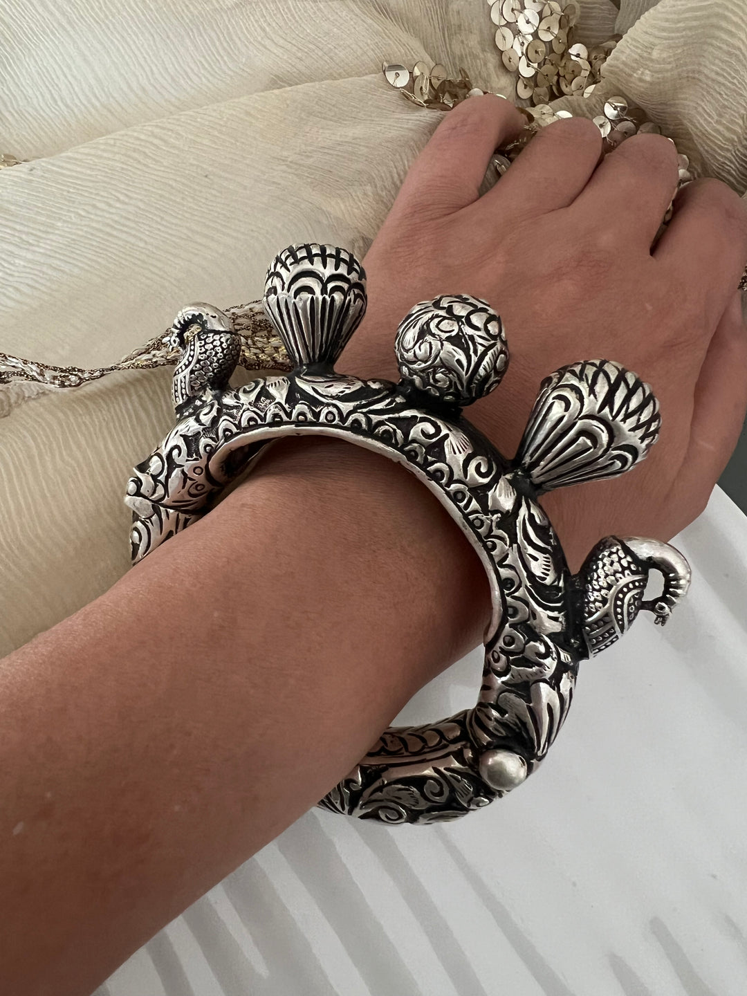 Exquisite Antique Kada with Chitai Work in Pure 925 Silver