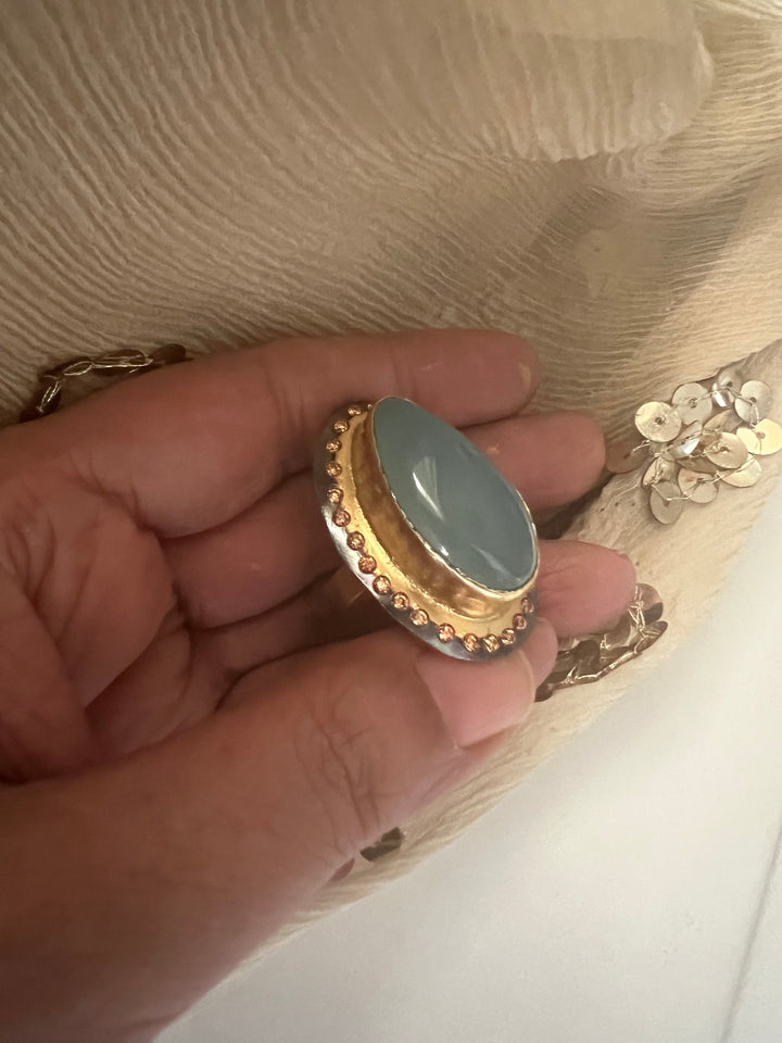 Statement Chalcedony Adjustable Ring | Brass, Onyx Stone, CZ Border | Gold Plated | SHIVKA