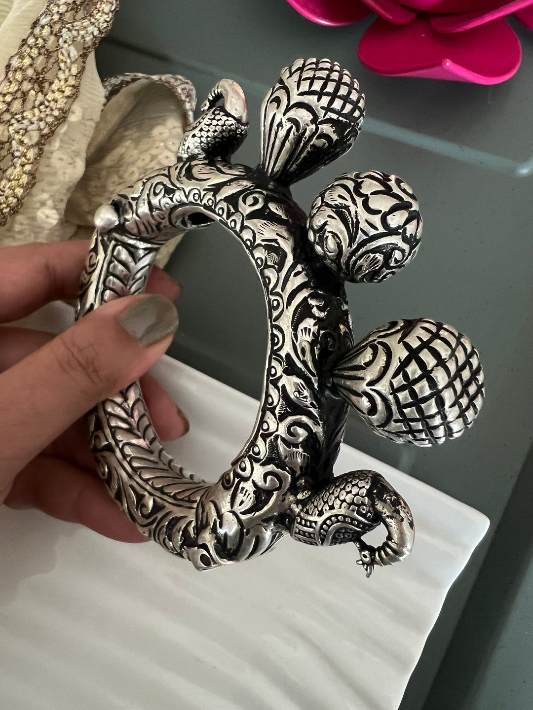 Exquisite Antique Kada with Chitai Work in Pure 925 Silver