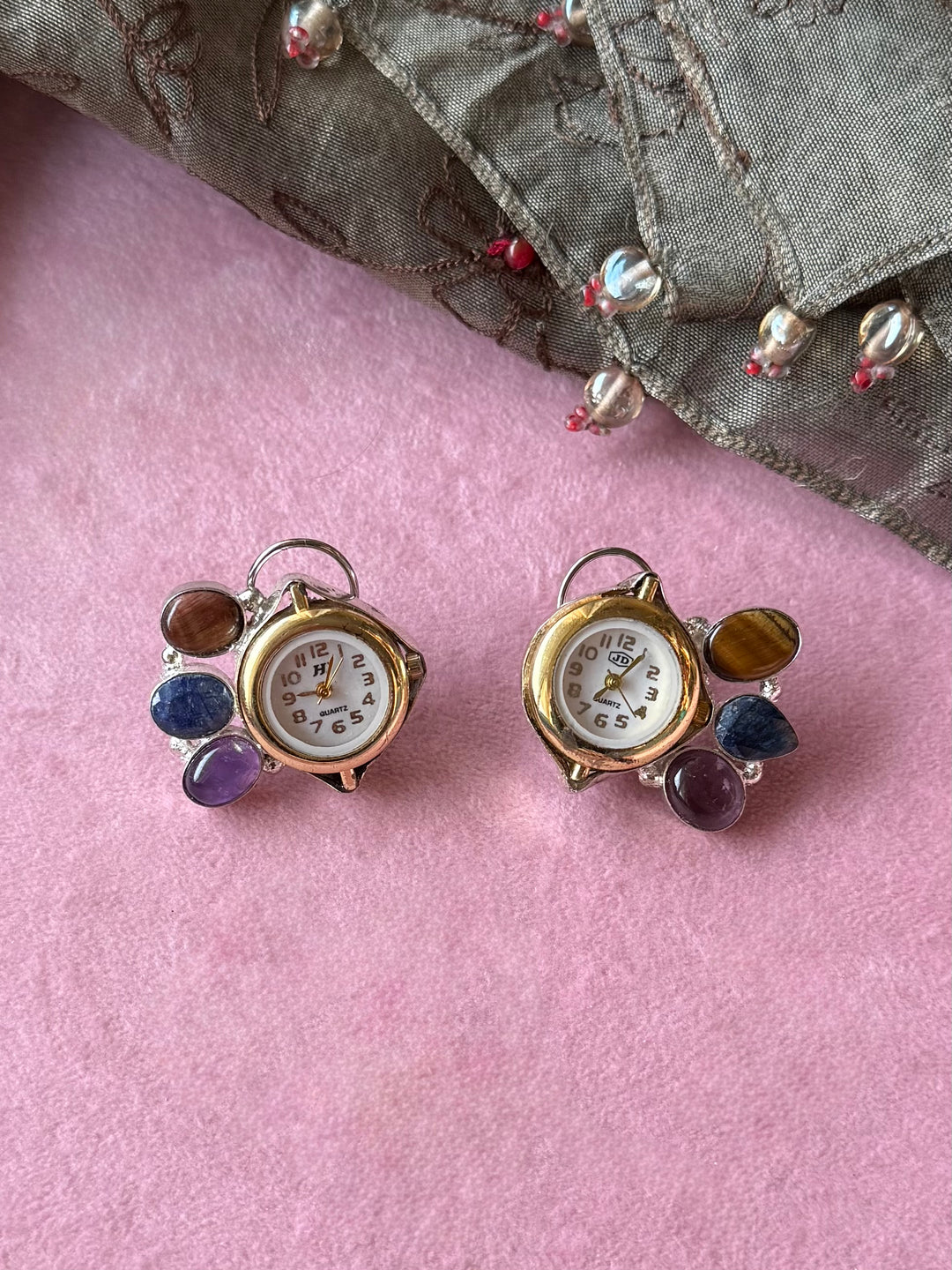 Asymmetric Watch Gemstone Stud Earrings