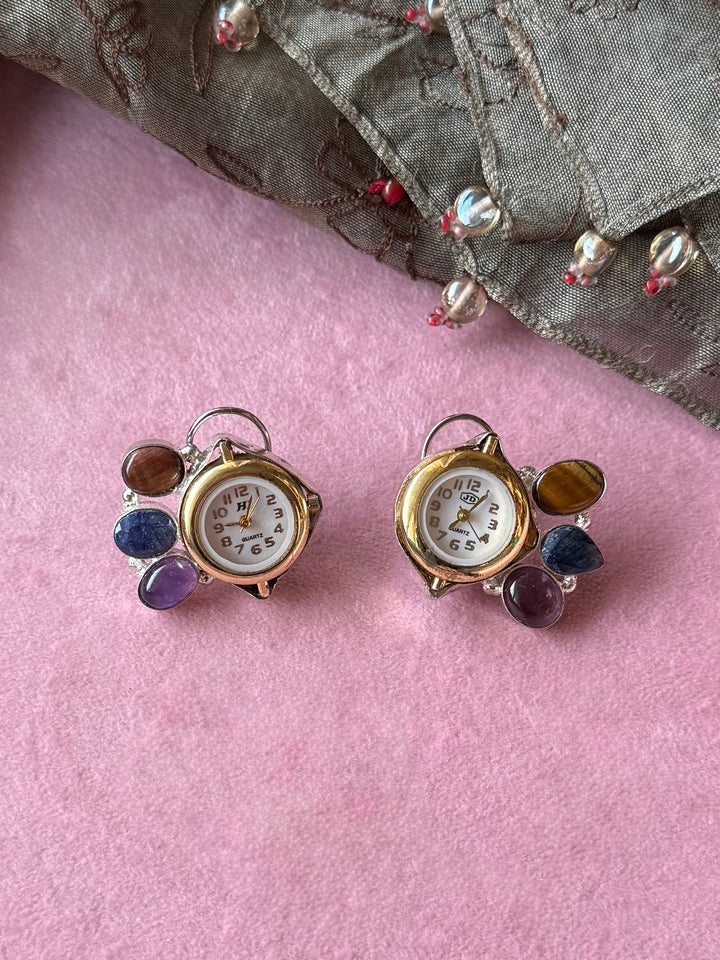 Asymmetric Watch Gemstone Stud Earrings