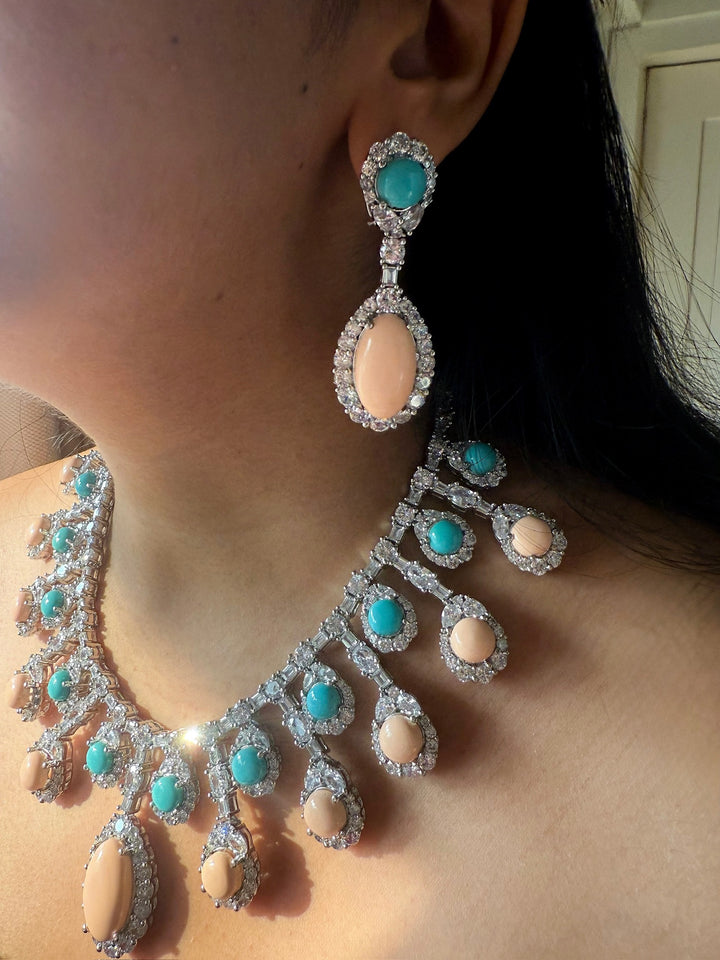 Peach Coral & Turquoise Necklace Set | SHIVKA