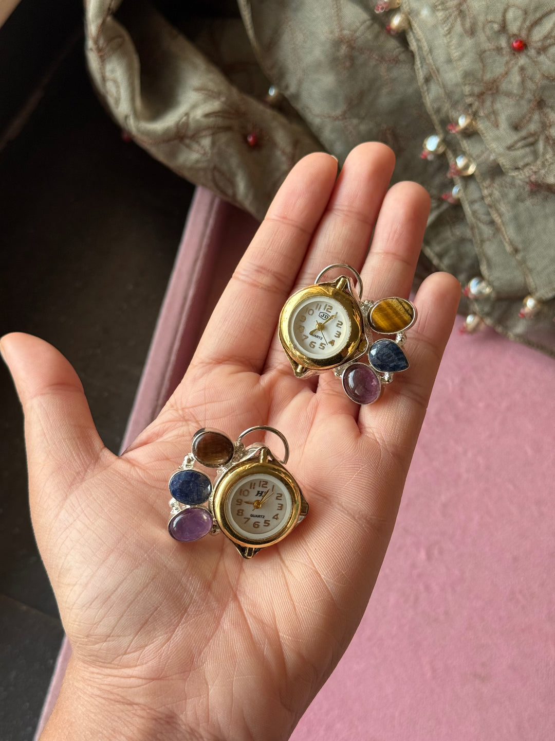 Asymmetric Watch Gemstone Stud Earrings