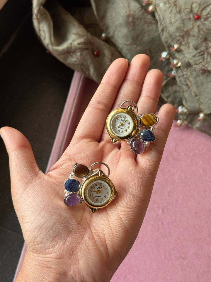 Asymmetric Watch Gemstone Stud Earrings