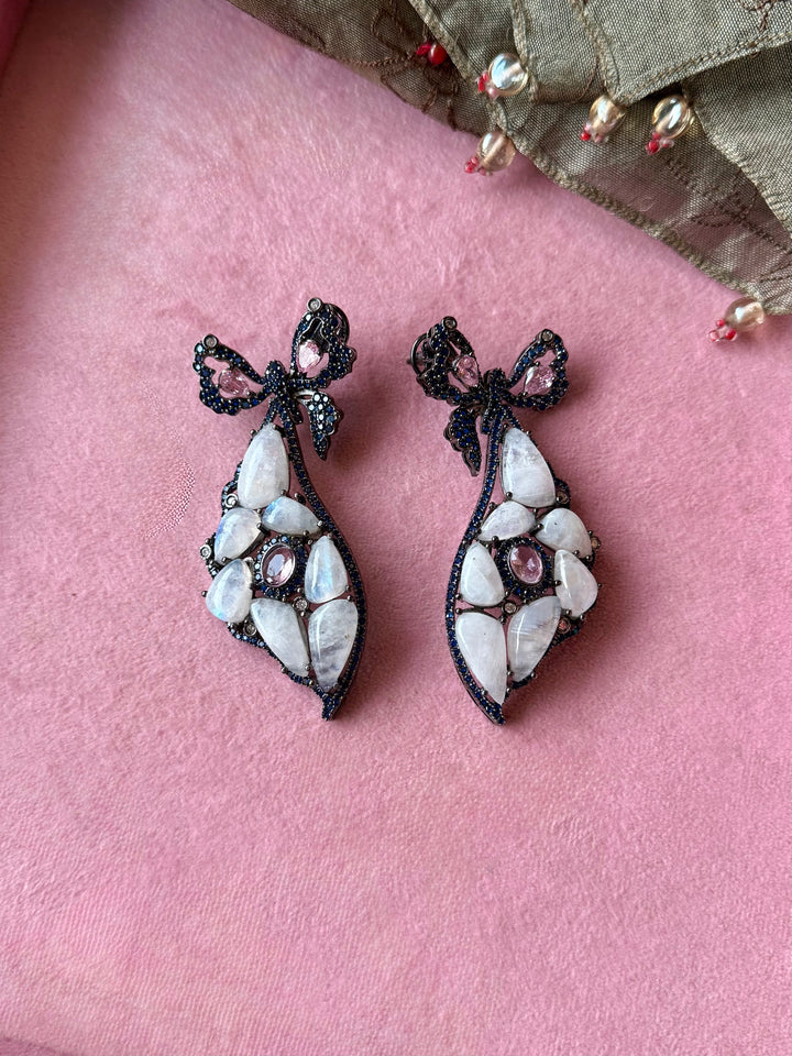 Pink and Blue Bow Moonstone Drop Earrings