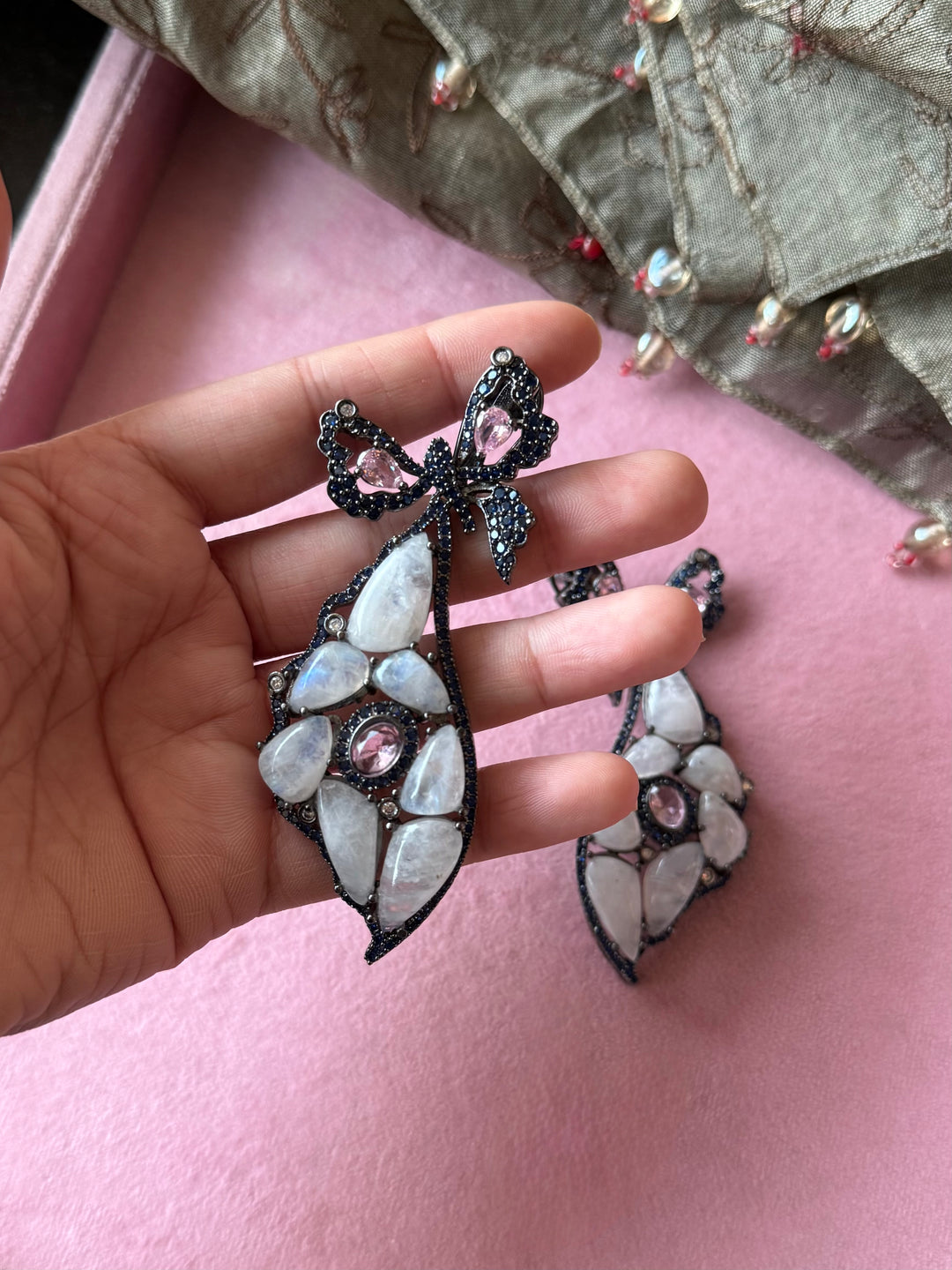 Pink and Blue Bow Moonstone Drop Earrings