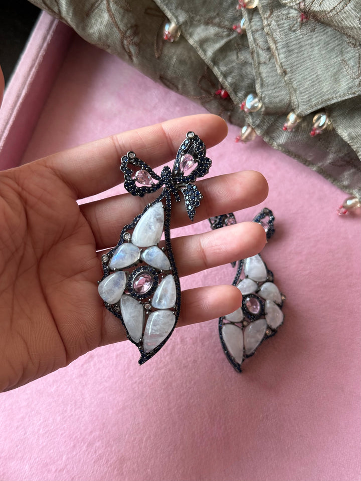 Pink and Blue Bow Moonstone Drop Earrings