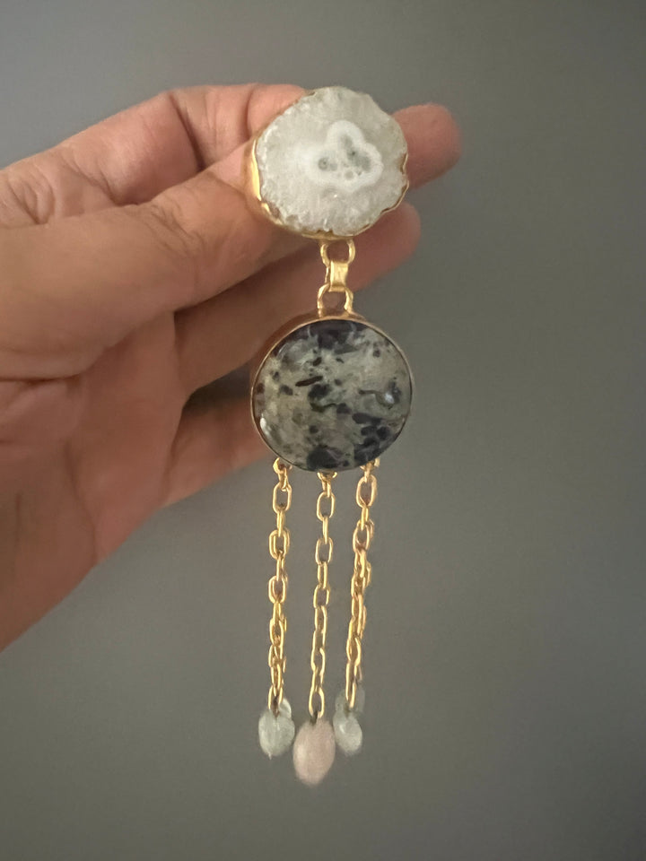 Quartz and Jasper Long Designer Earrings