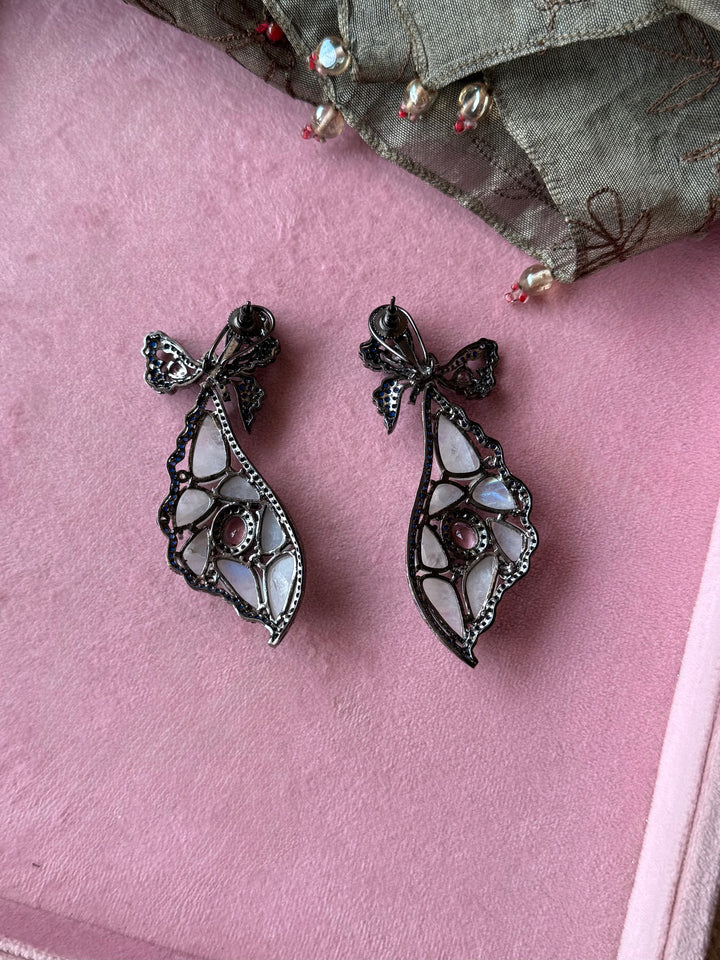 Pink and Blue Bow Moonstone Drop Earrings
