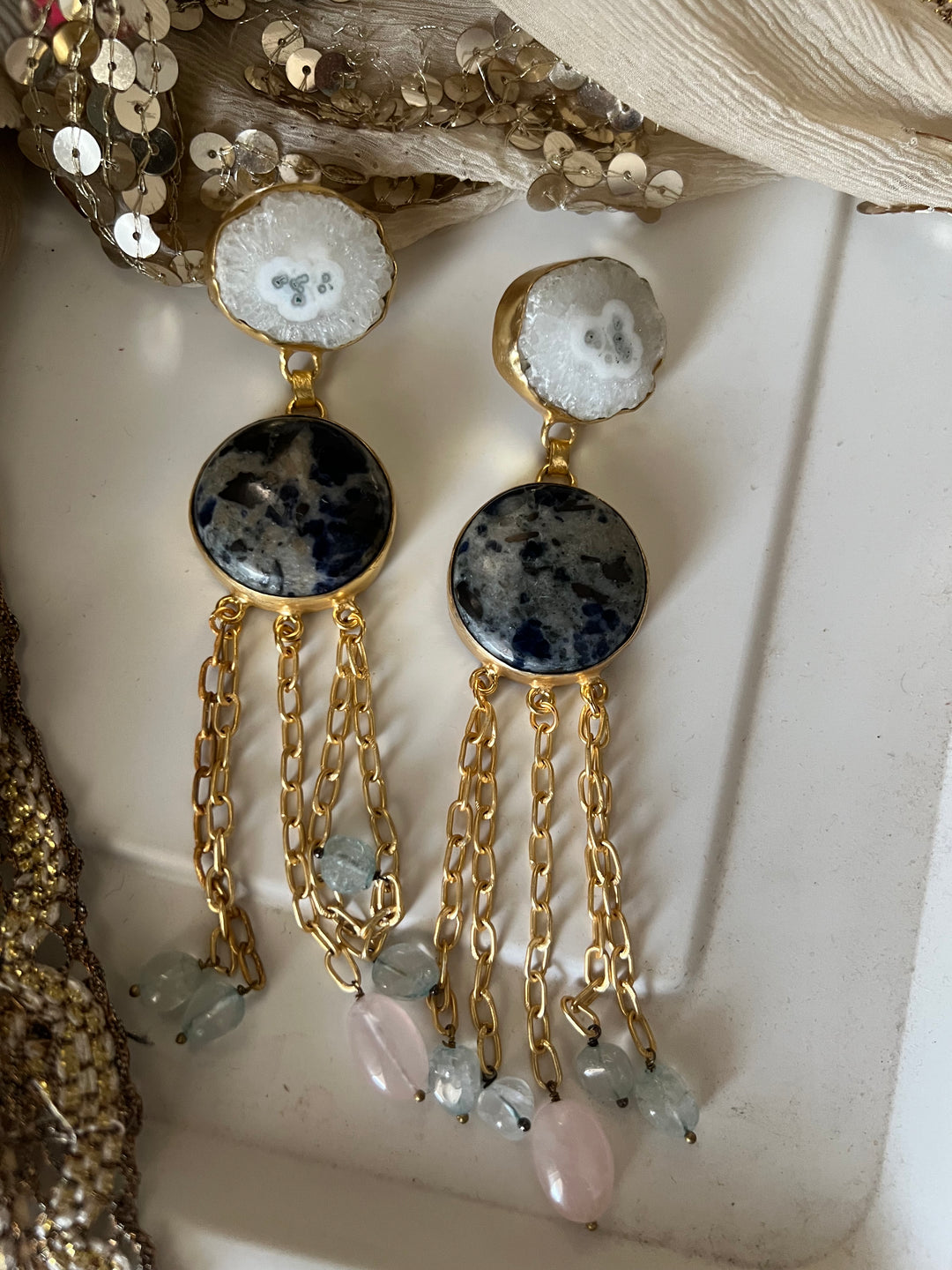 Quartz and Jasper Long Designer Earrings