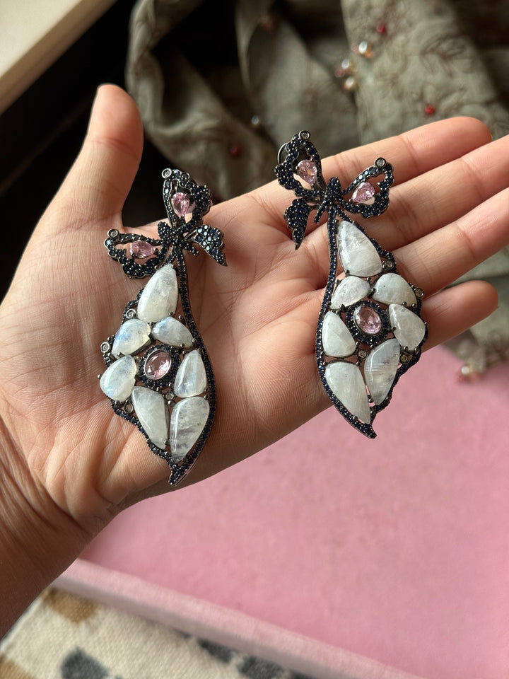 Pink and Blue Bow Moonstone Drop Earrings