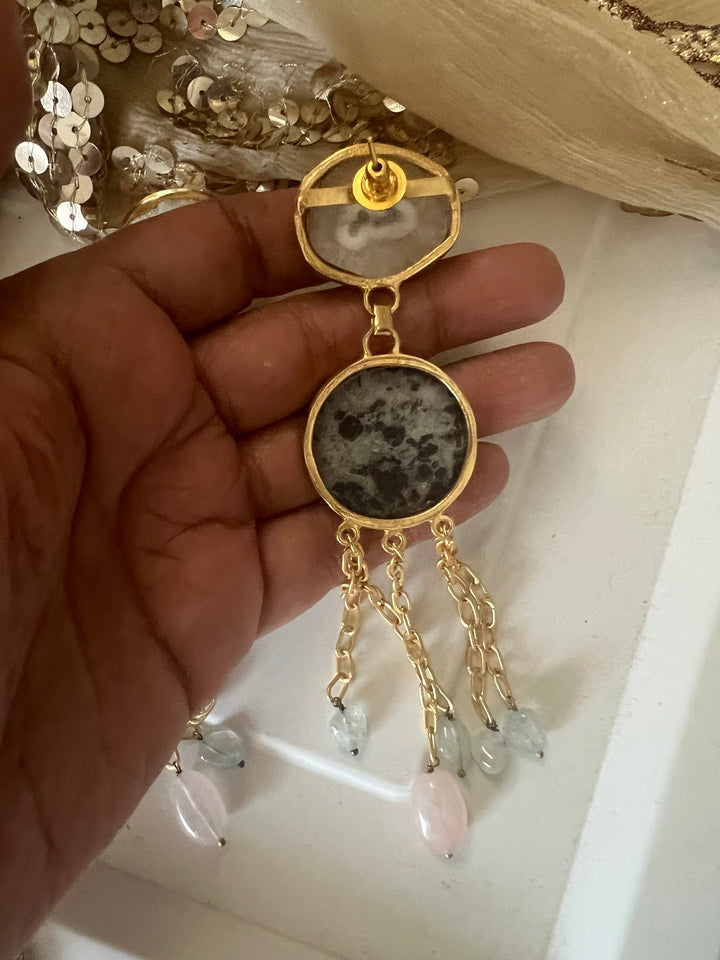 Quartz and Jasper Long Designer Earrings