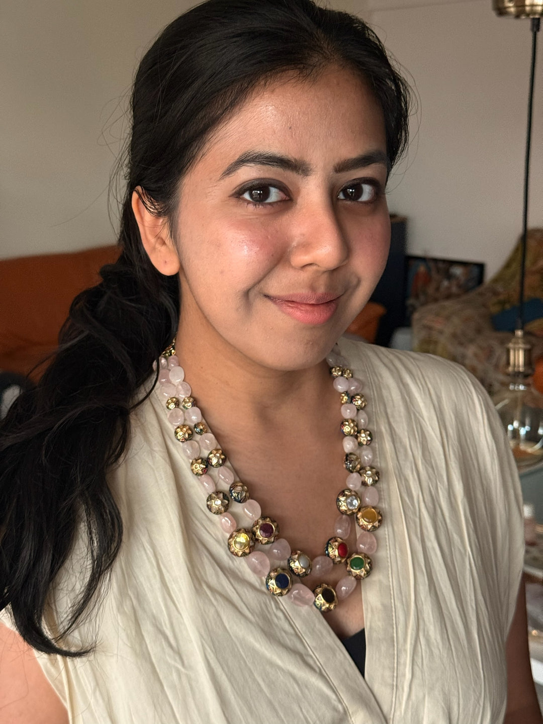 SHIVKA Rose Quartz Kundan Necklace | Multicolor Semi-Precious Stones