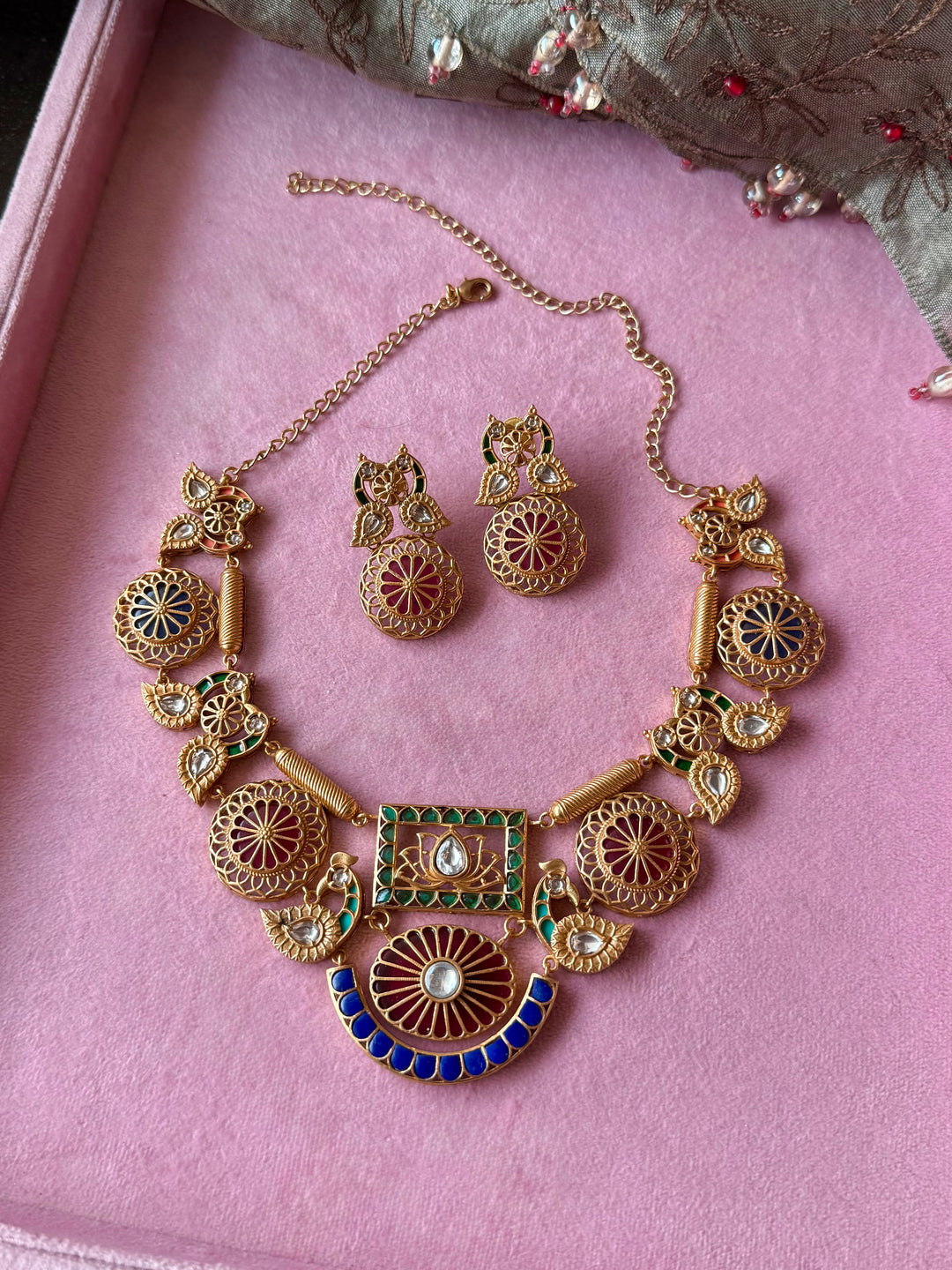 Antique Gold-Tone Temple Jadau Peacock Necklace Set