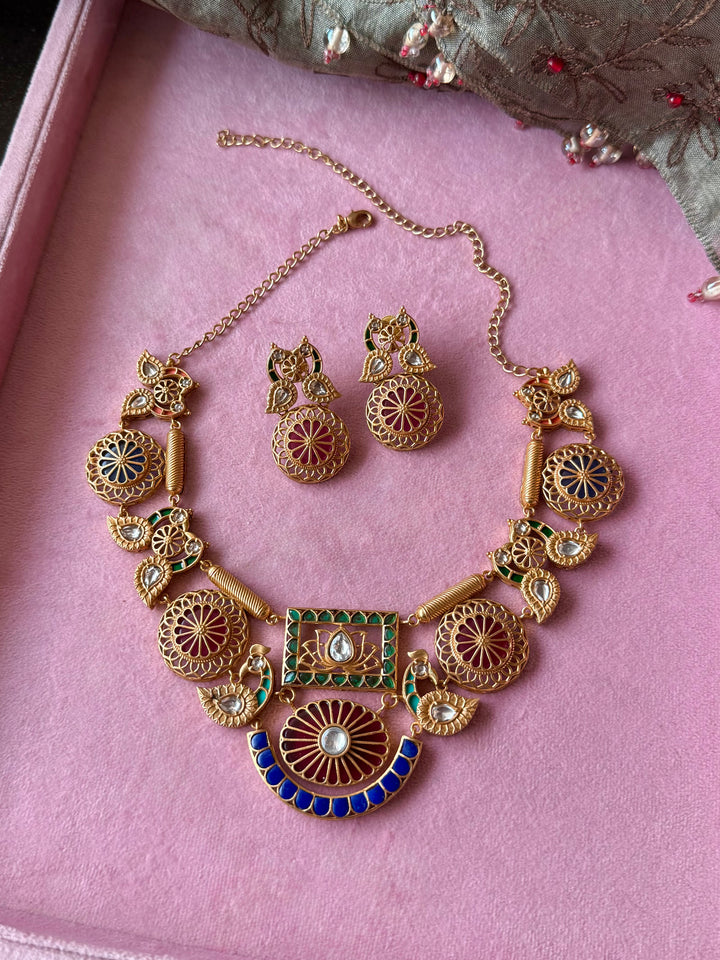 Antique Gold-Tone Temple Jadau Peacock Necklace Set