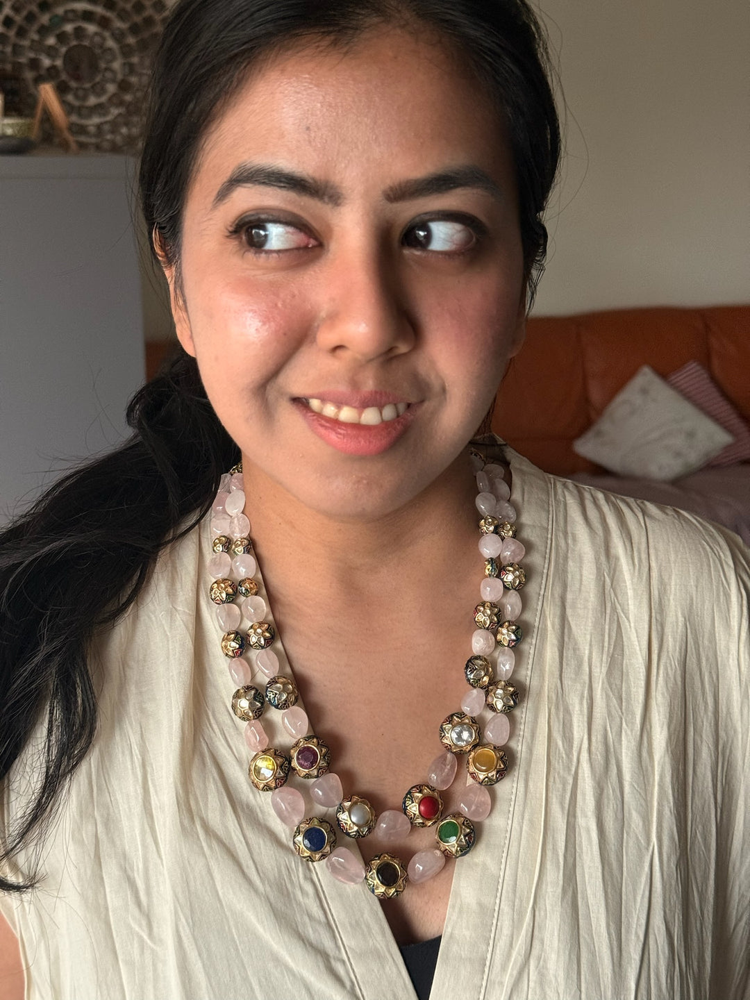 SHIVKA Rose Quartz Kundan Necklace | Multicolor Semi-Precious Stones