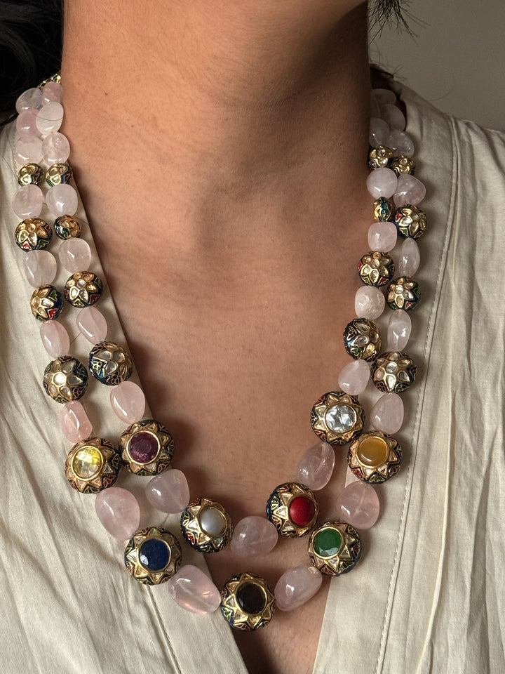 SHIVKA Rose Quartz Kundan Necklace | Multicolor Semi-Precious Stones