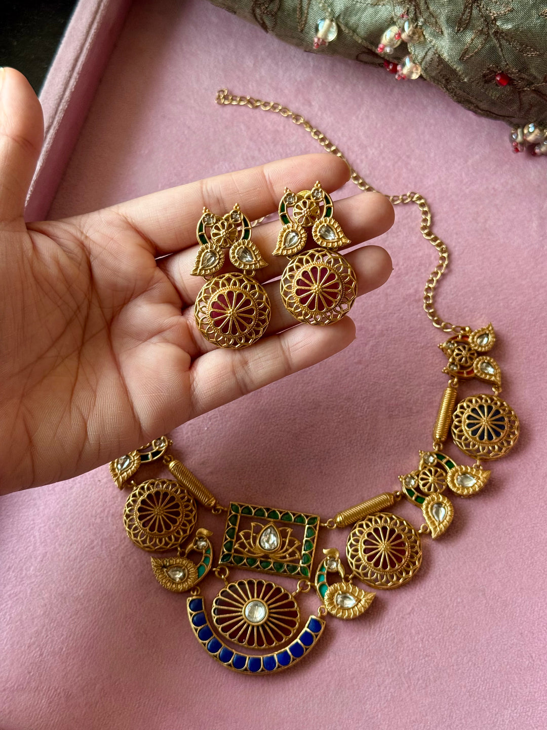 Antique Gold-Tone Temple Jadau Peacock Necklace Set