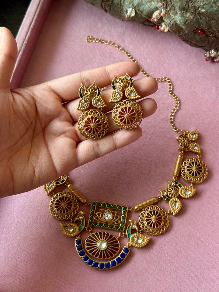 Antique Gold-Tone Temple Jadau Peacock Necklace Set