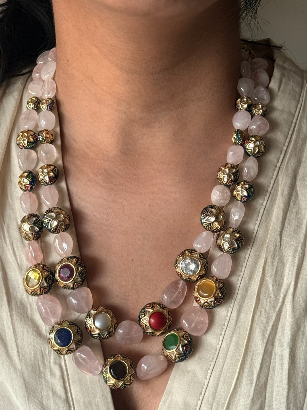 SHIVKA Rose Quartz Kundan Necklace | Multicolor Semi-Precious Stones