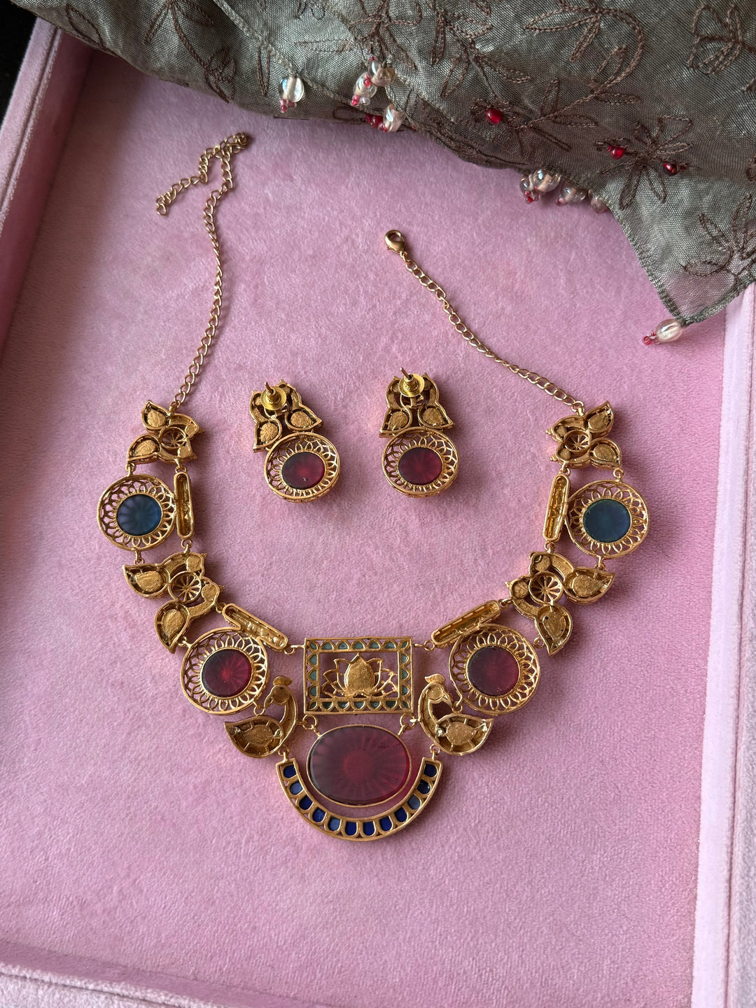 Antique Gold-Tone Temple Jadau Peacock Necklace Set
