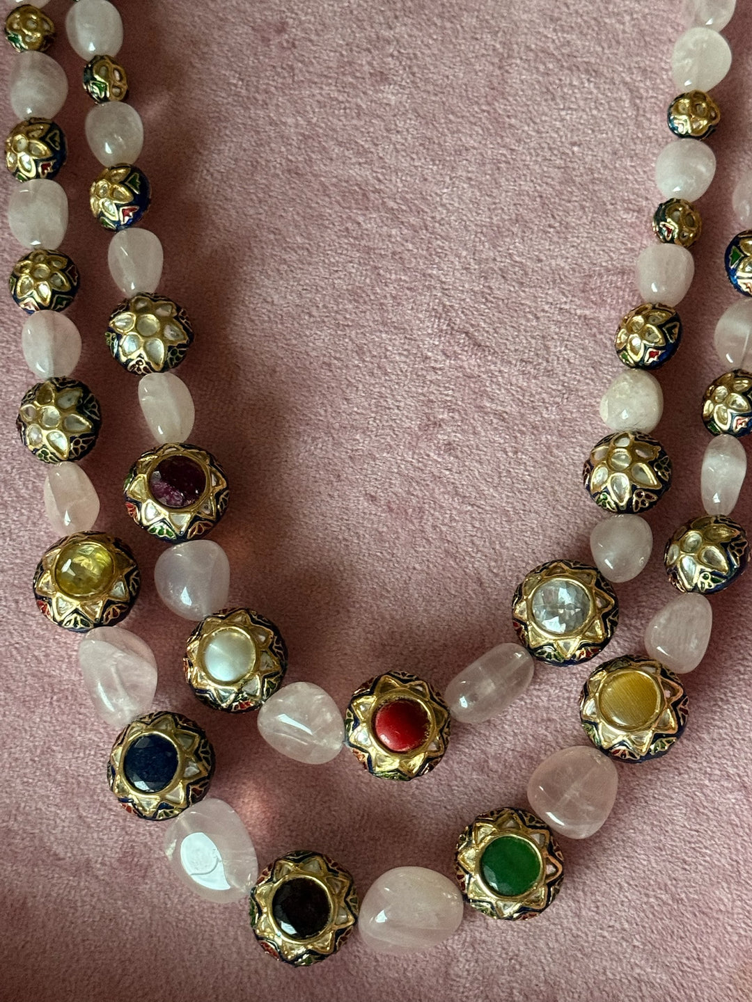 SHIVKA Rose Quartz Kundan Necklace | Multicolor Semi-Precious Stones