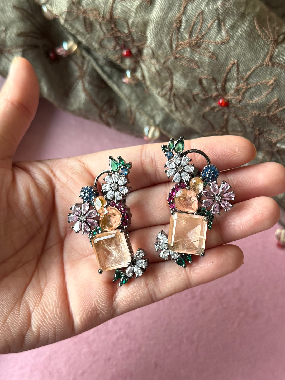 Peach Flower Cluster Doublet Stone Earrings