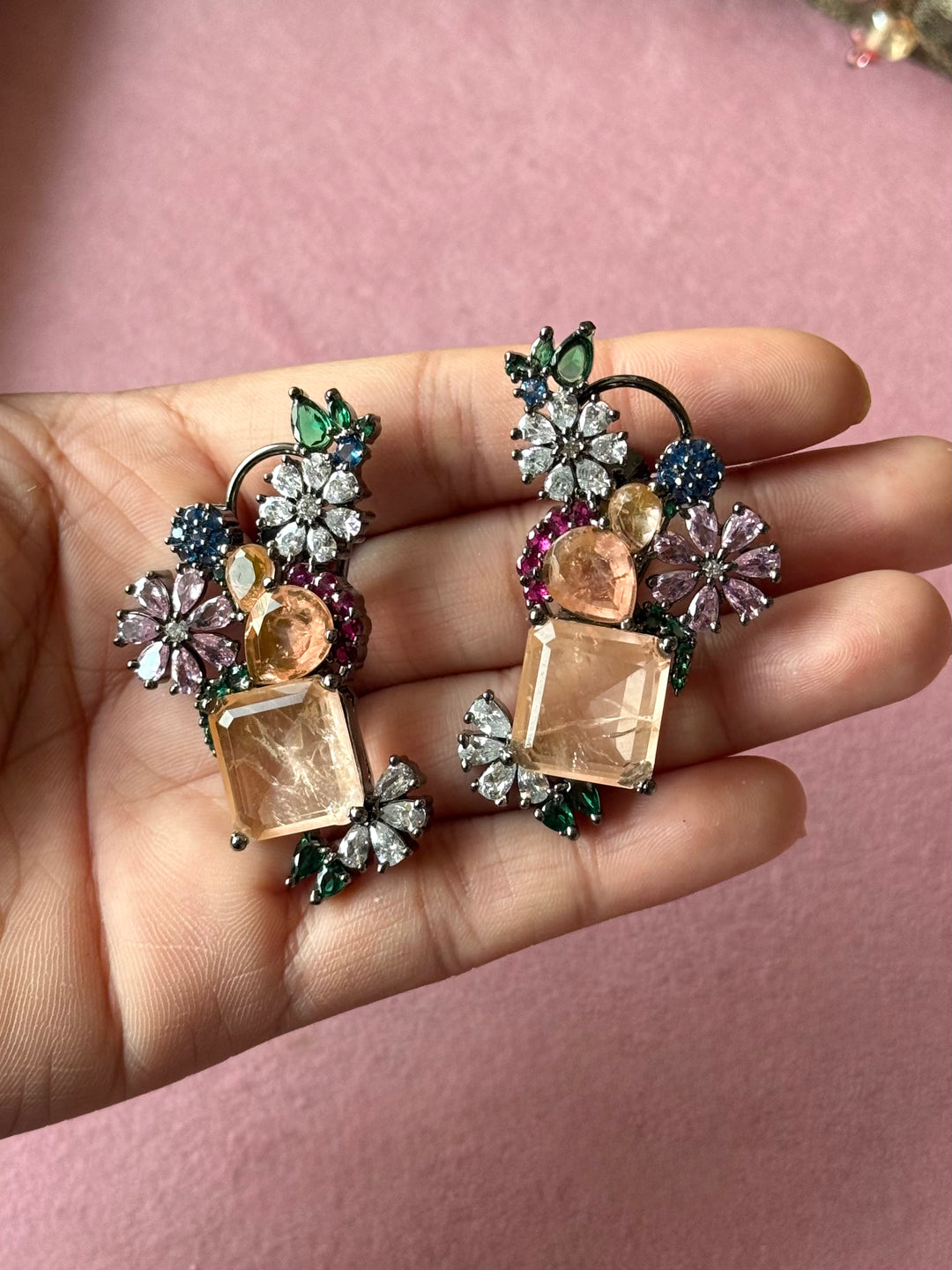 Peach Flower Cluster Doublet Stone Earrings