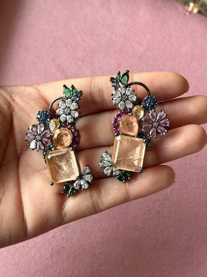Peach Flower Cluster Doublet Stone Earrings