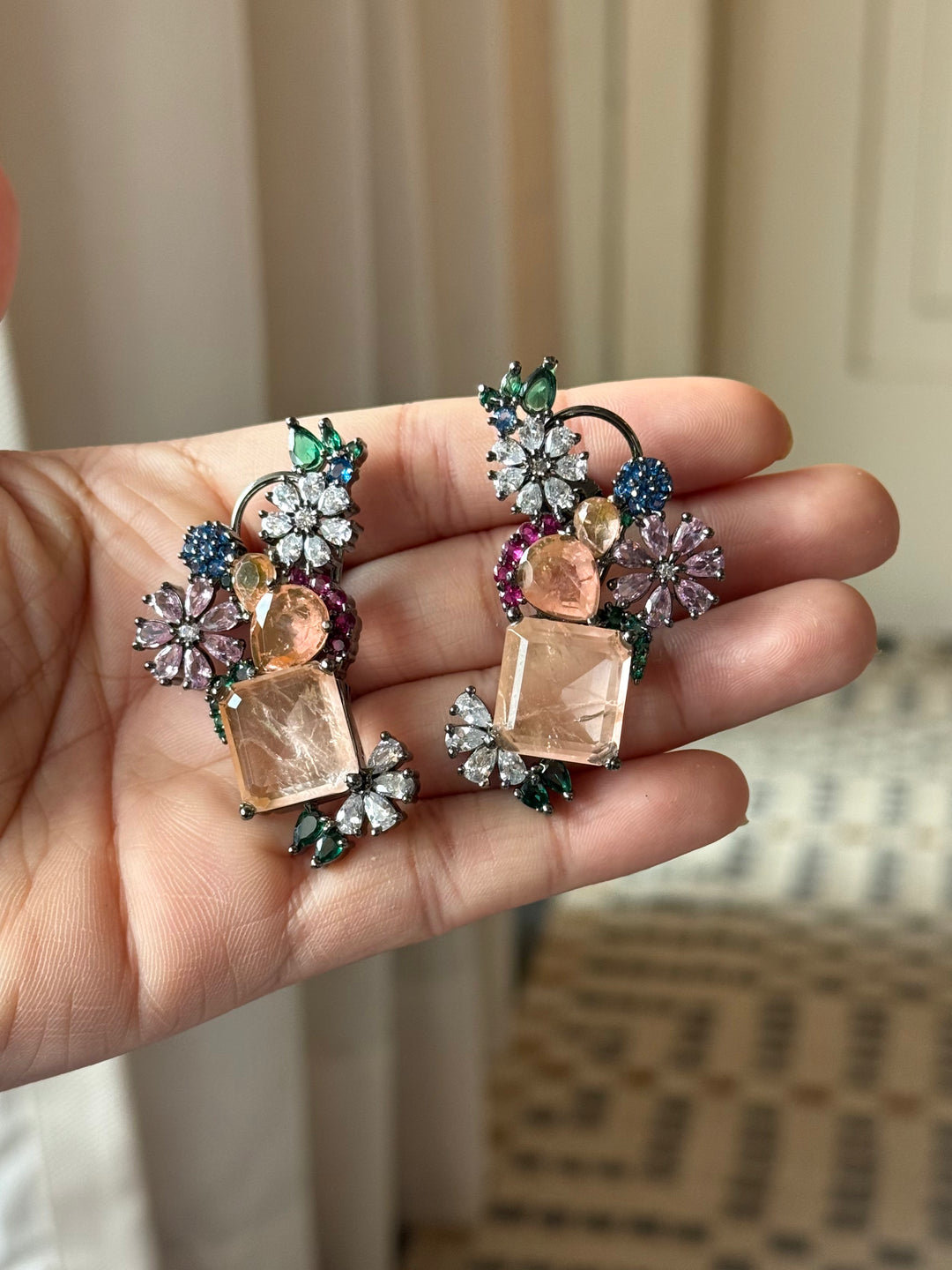 Peach Flower Cluster Doublet Stone Earrings