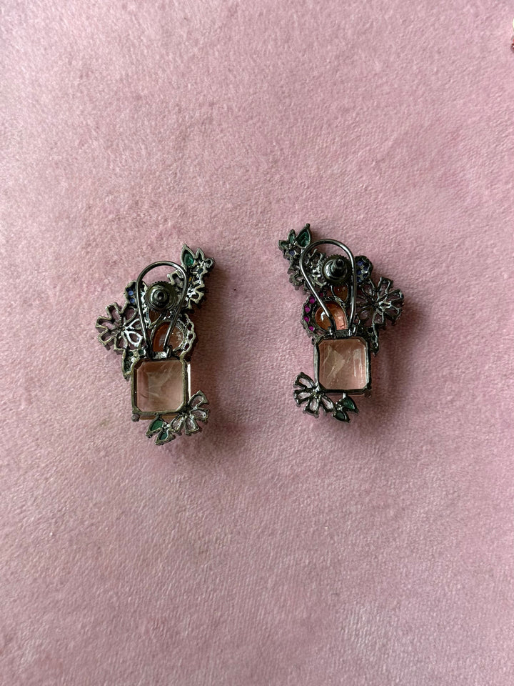 Peach Flower Cluster Doublet Stone Earrings