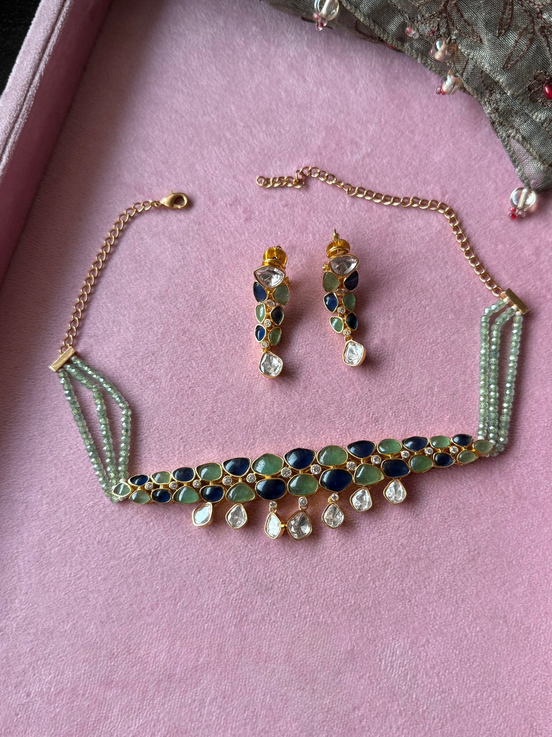Mint Green and Blue Polki Choker Necklace Set