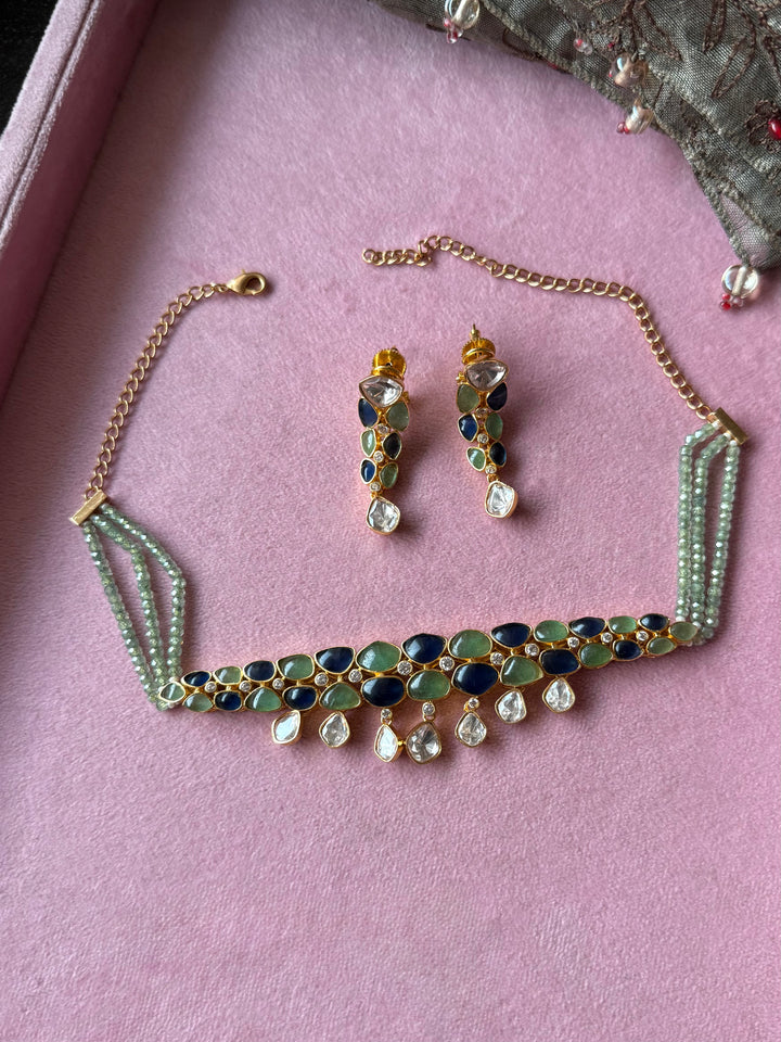 Mint Green and Blue Polki Choker Necklace Set