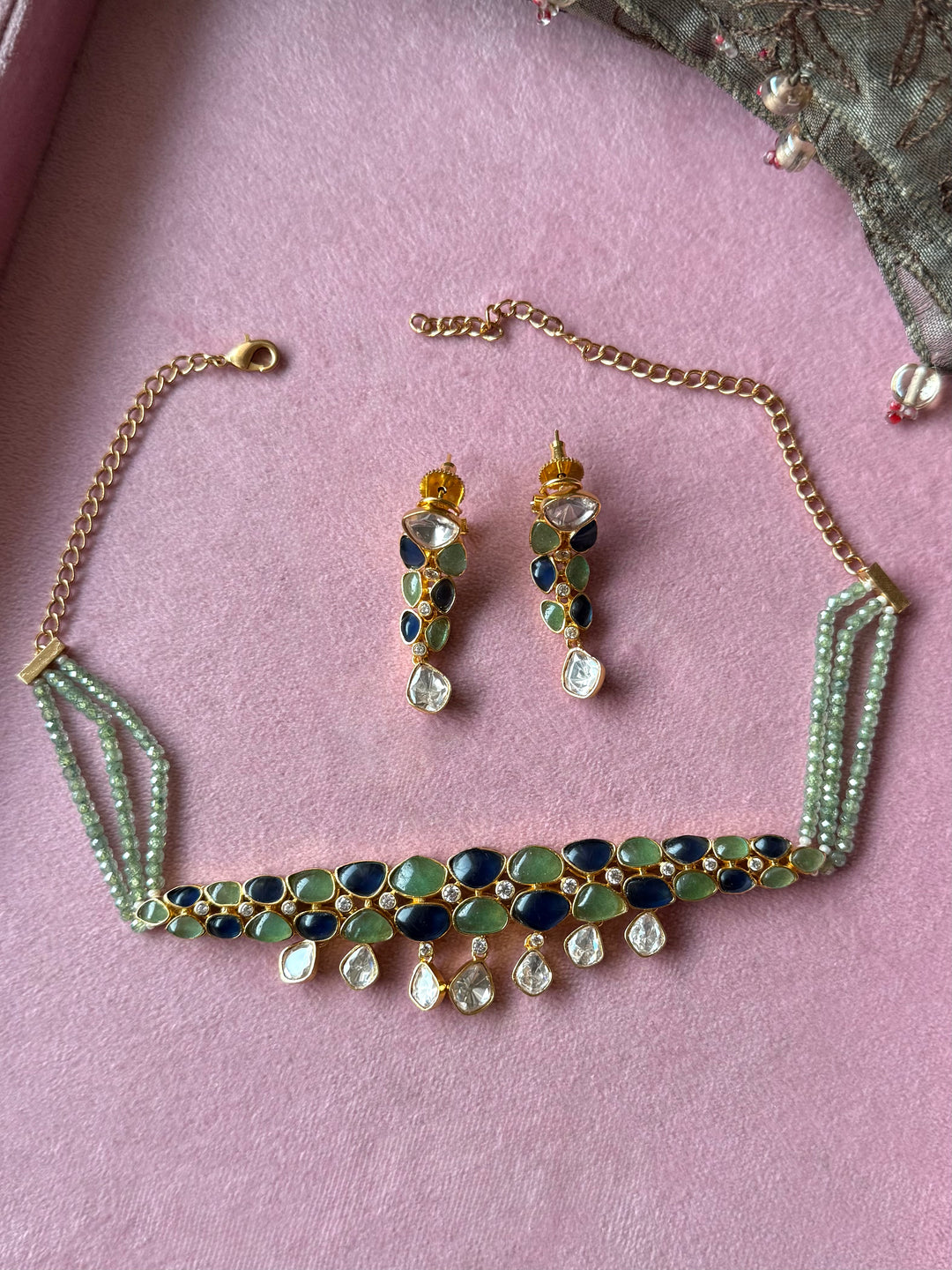 Mint Green and Blue Polki Choker Necklace Set