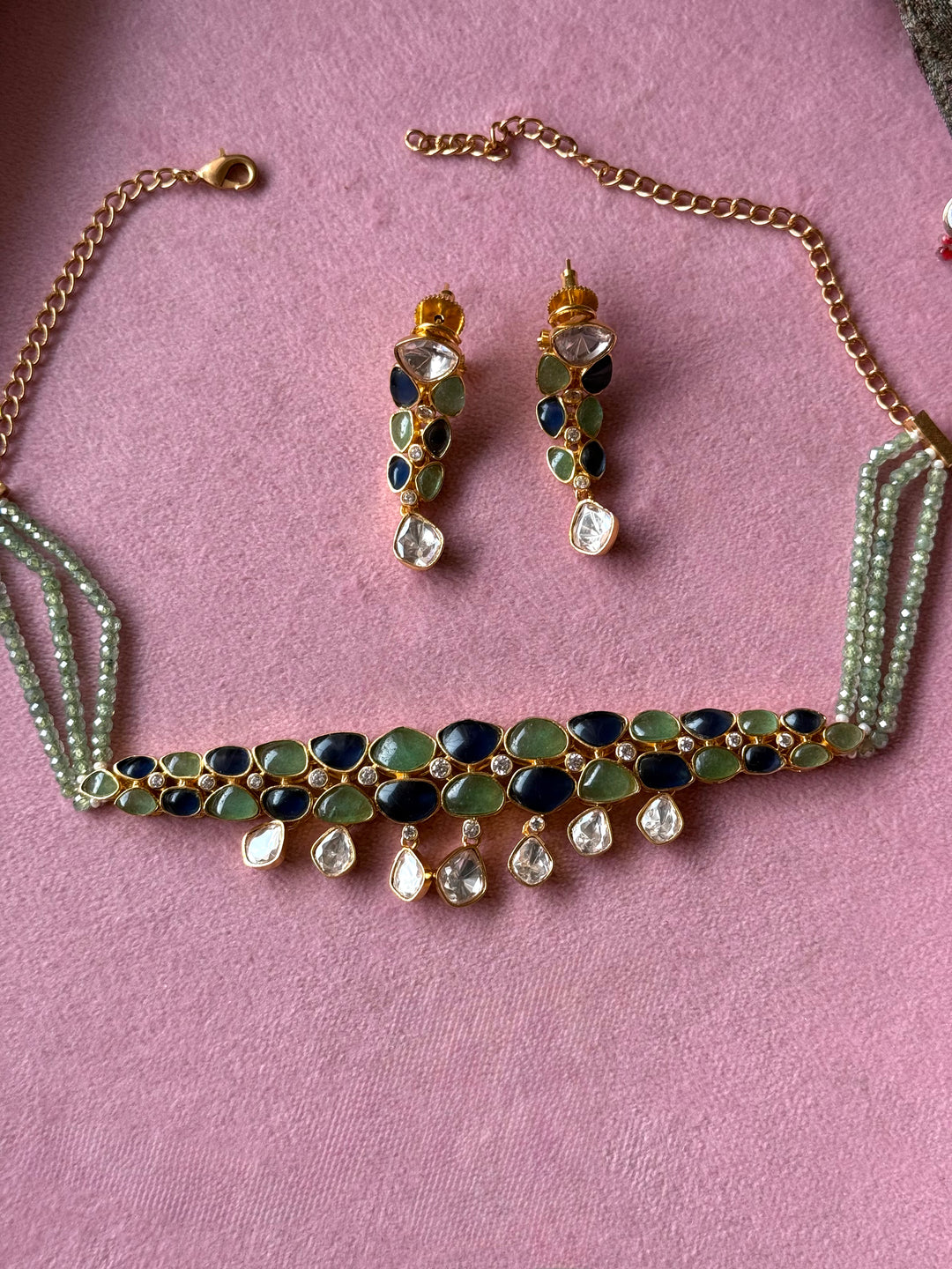 Mint Green and Blue Polki Choker Necklace Set