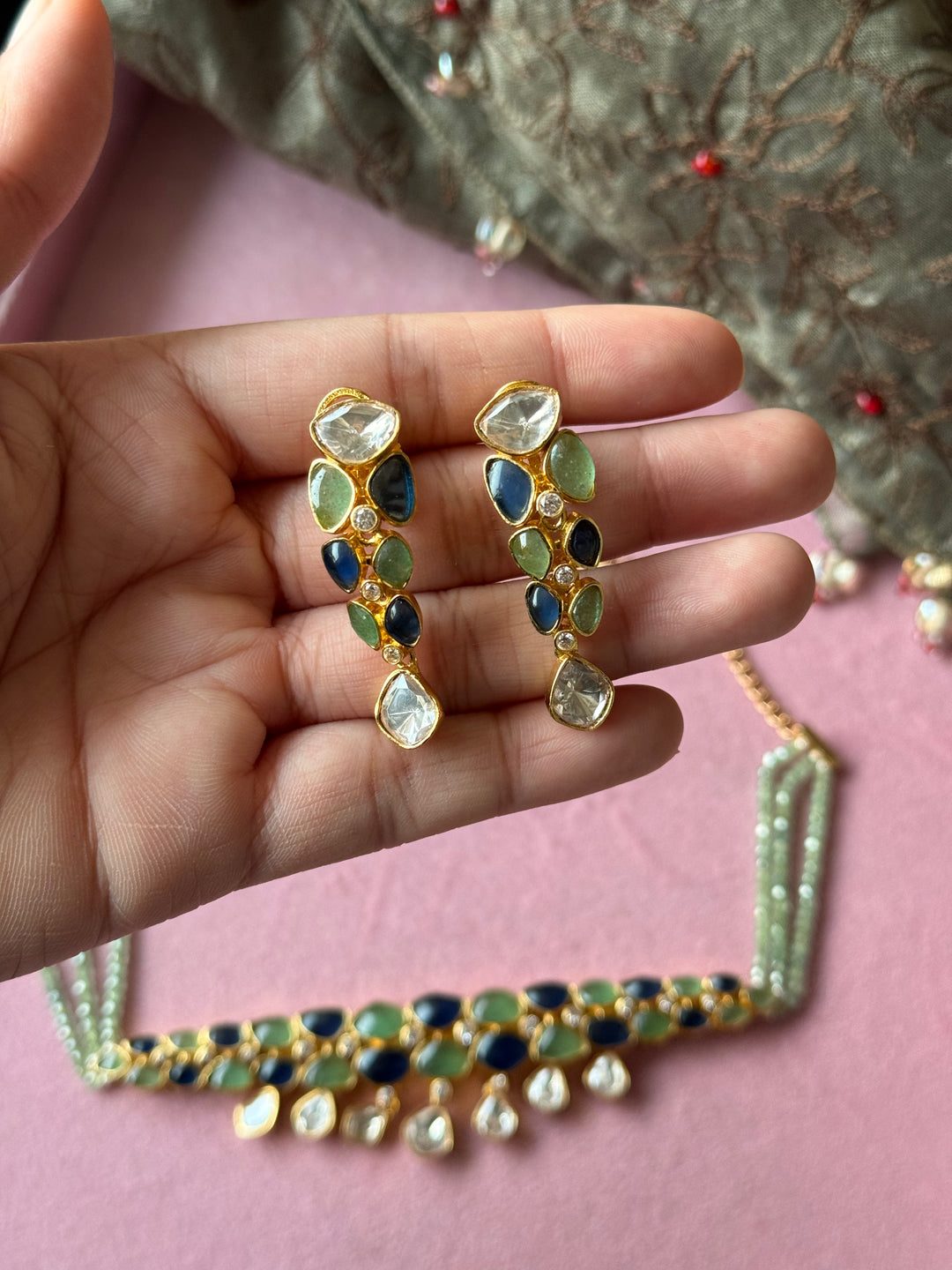 Mint Green and Blue Polki Choker Necklace Set