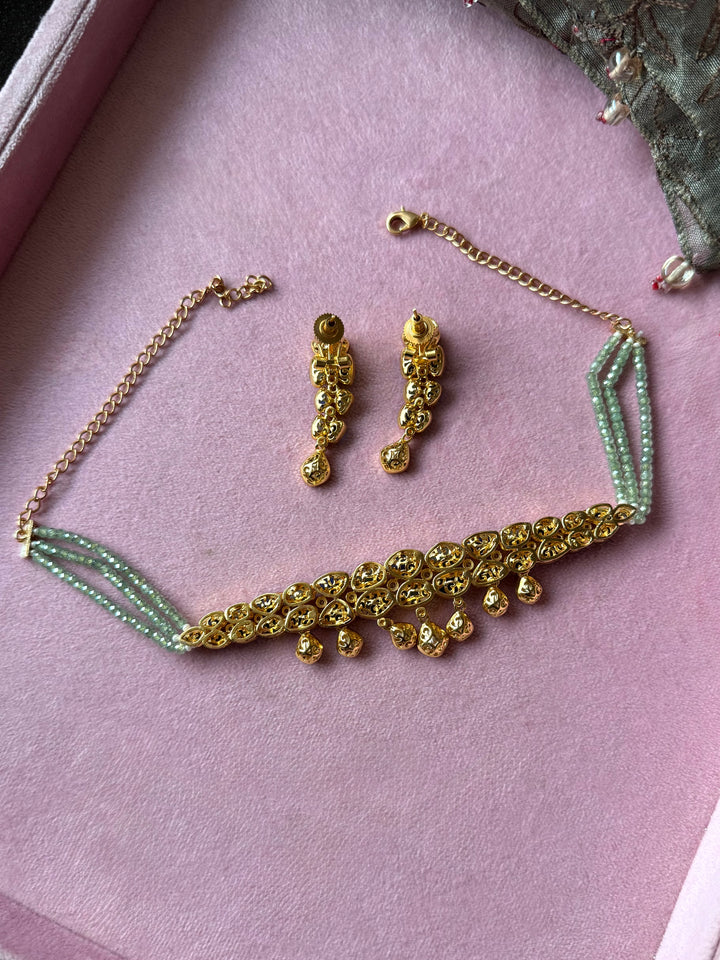 Mint Green and Blue Polki Choker Necklace Set