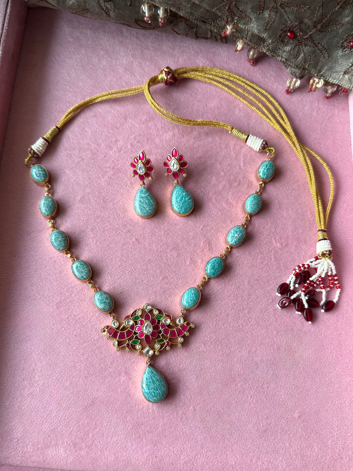 Natural Amazonite Kundan Necklace Set