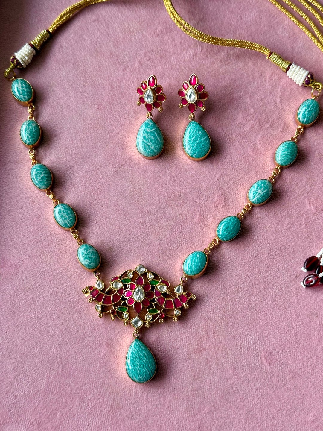 Natural Amazonite Kundan Necklace Set
