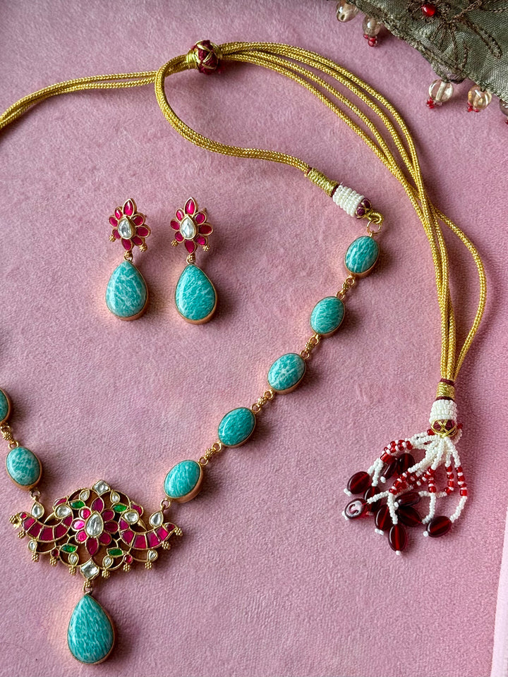 Natural Amazonite Kundan Necklace Set