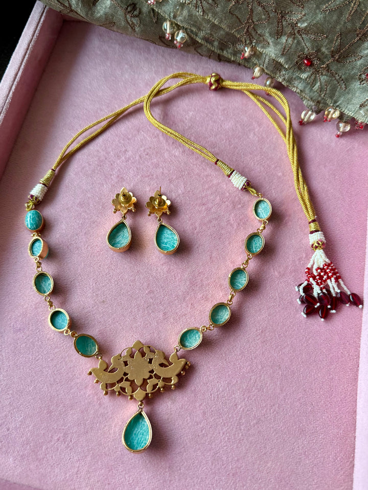 Natural Amazonite Kundan Necklace Set