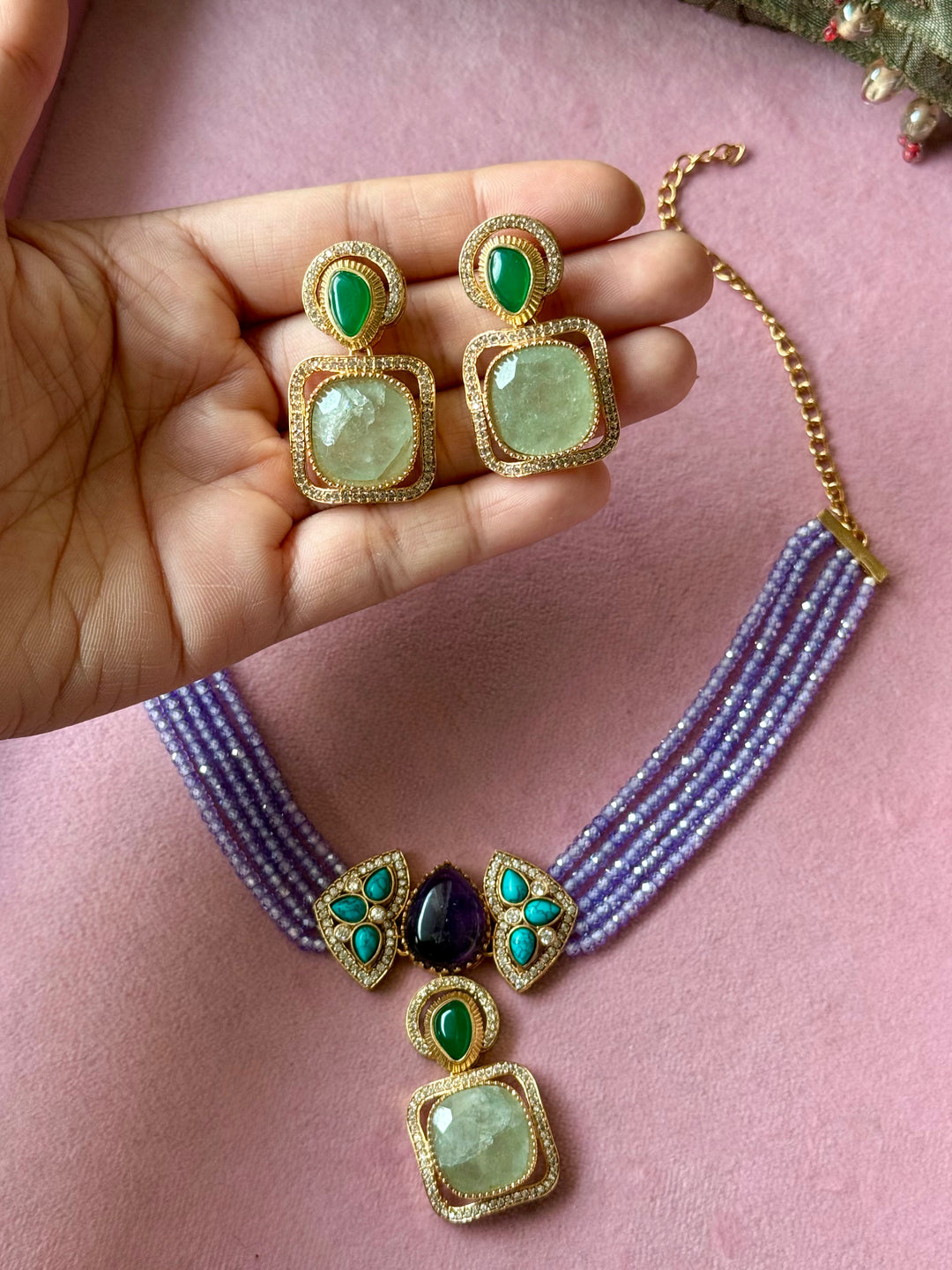 Lilac Shimmer Multigemstone Choker Necklace Set