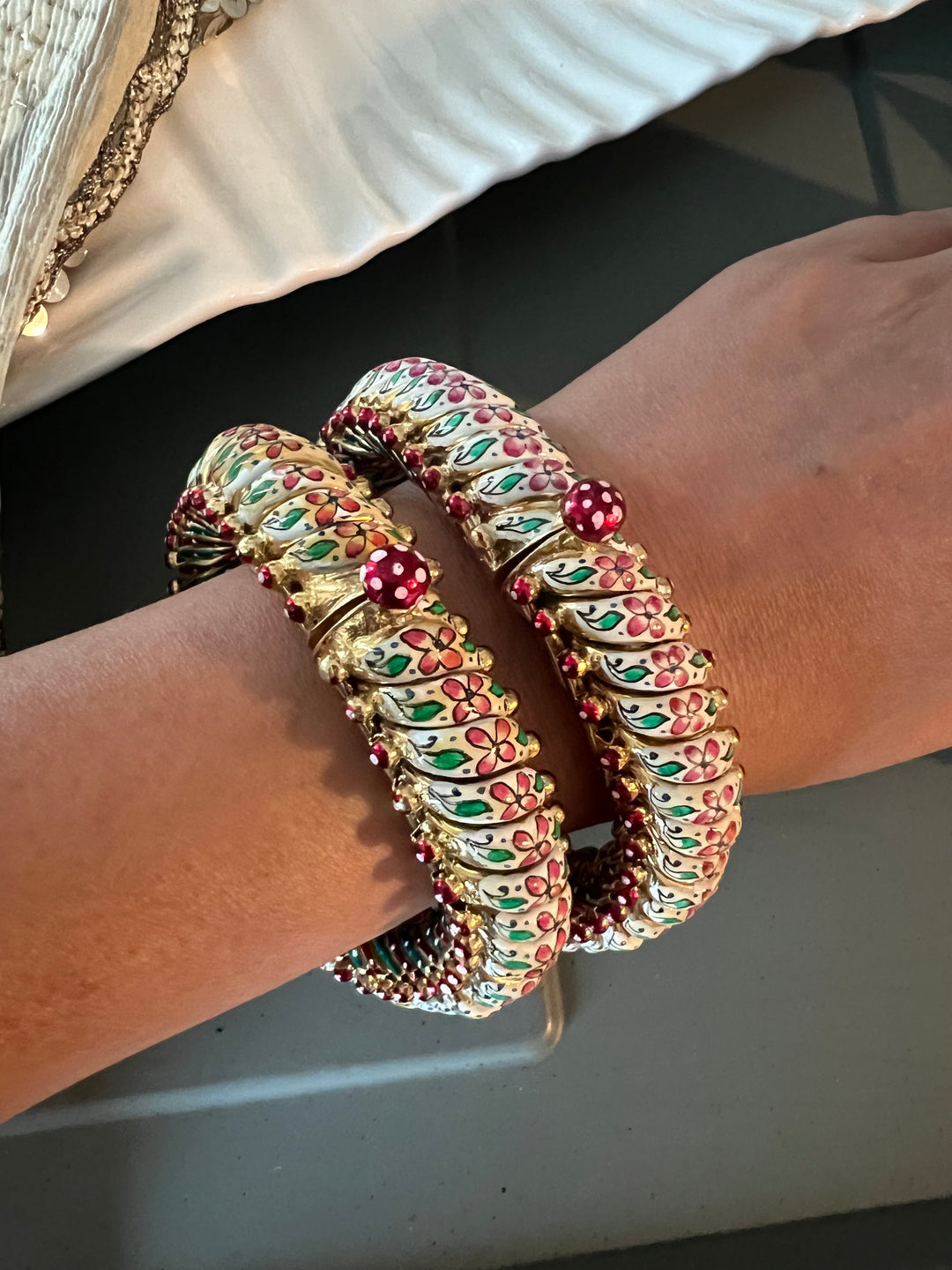 Exquisite Pair of Pure 925 Silver Enamelled Gold Polish Sutlodes - Wedding & Festive Delight