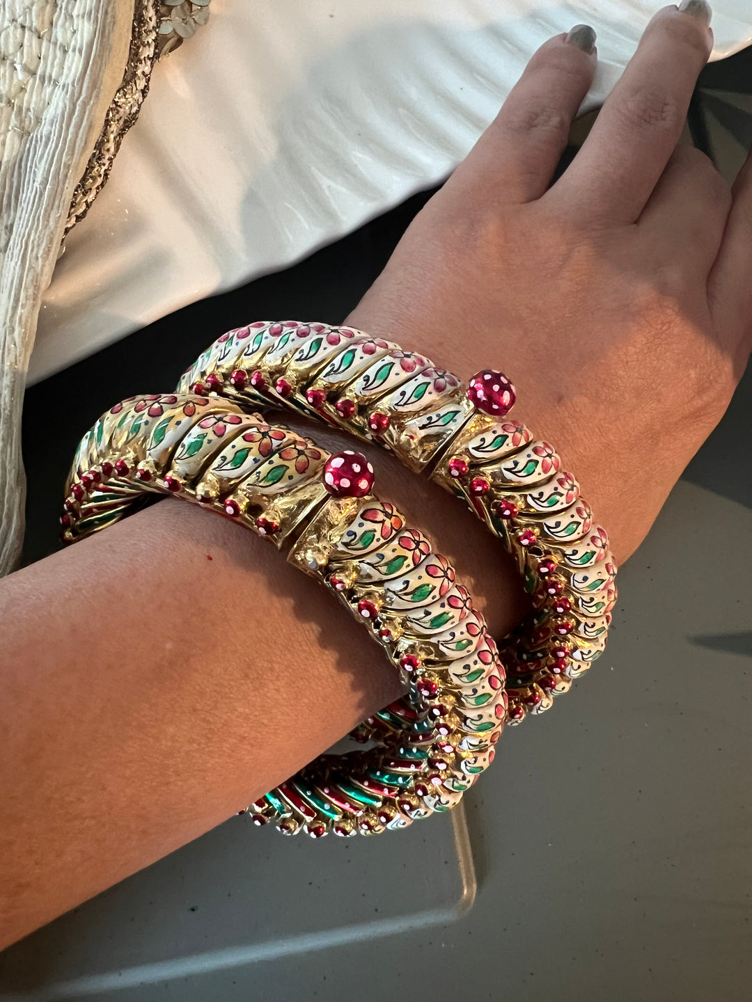 Exquisite Pair of Pure 925 Silver Enamelled Gold Polish Sutlodes - Wedding & Festive Delight